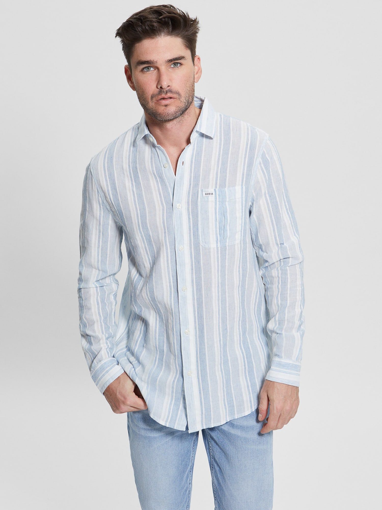 Guess blue and white striped shirt discount