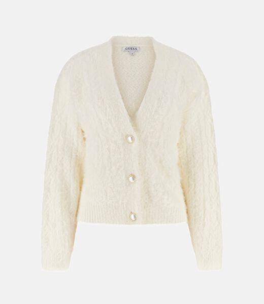 Fuzzy cable-knit cardigan