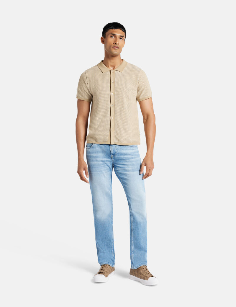 Textured button-through polo shirt