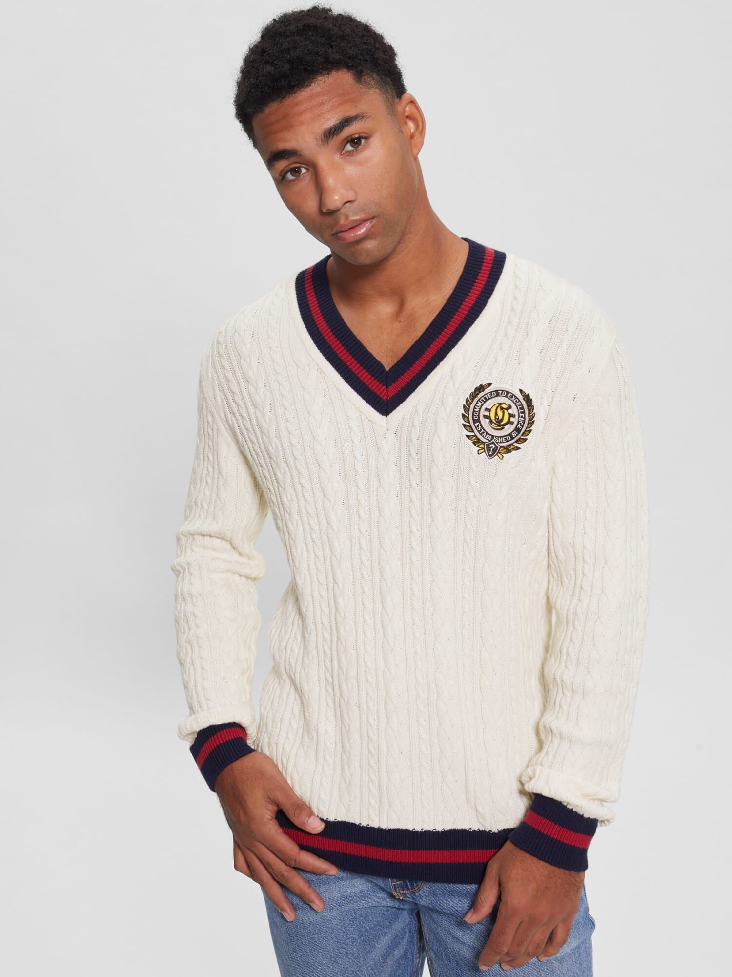 Shop GUESS Online Front Patch Cable Knit Sweater
