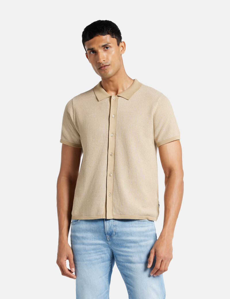 Textured button-through polo shirt