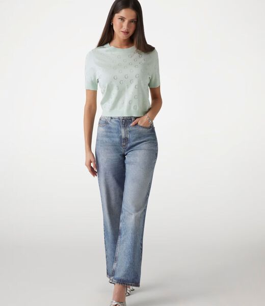 Cropped rhinestone logo sweater