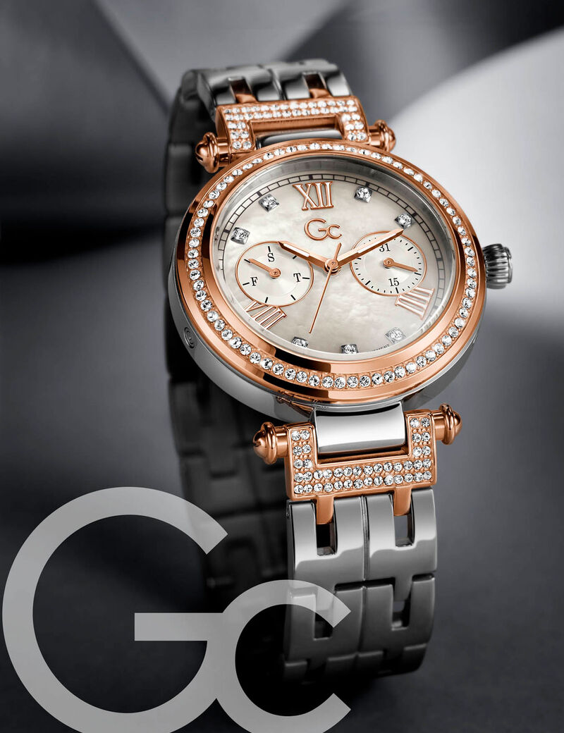 Gc Silver, Crystal And Rose Gold Watch