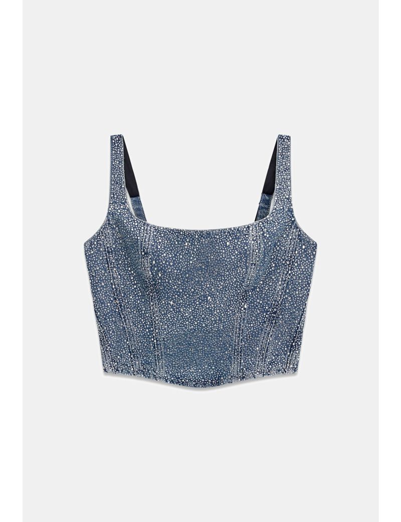 جيس rhinestones denim corset