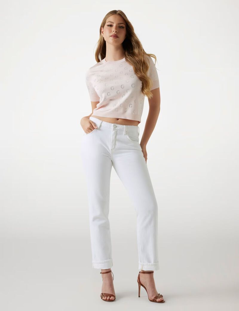Cropped rhinestone logo sweater
