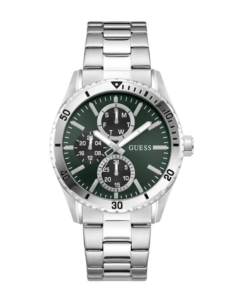 guess mens silver tone round analog watch