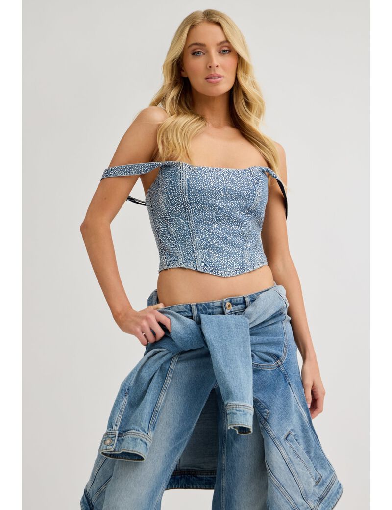 جيس rhinestones denim corset