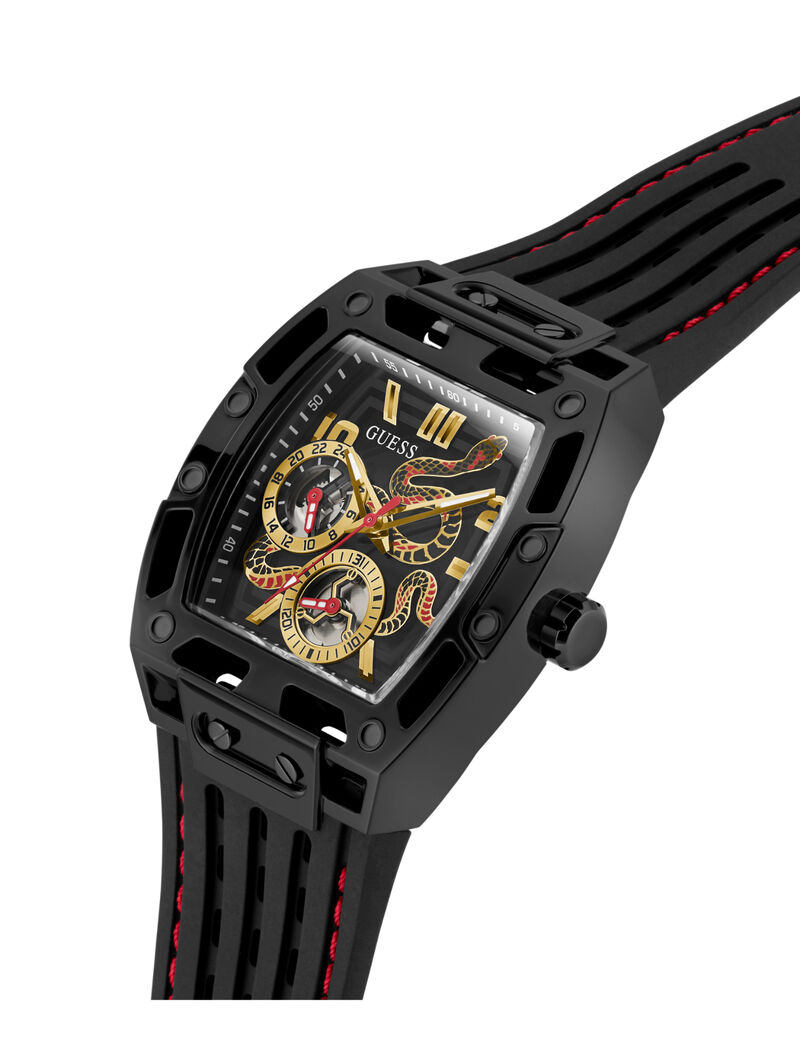 جيس blk cs transparent black mf cut thru dial w snake detail blk silicone strp w red stitch