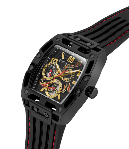 guess blk cs transparent black mf cut thru dial w snake detail blk silicone strp w red stitch