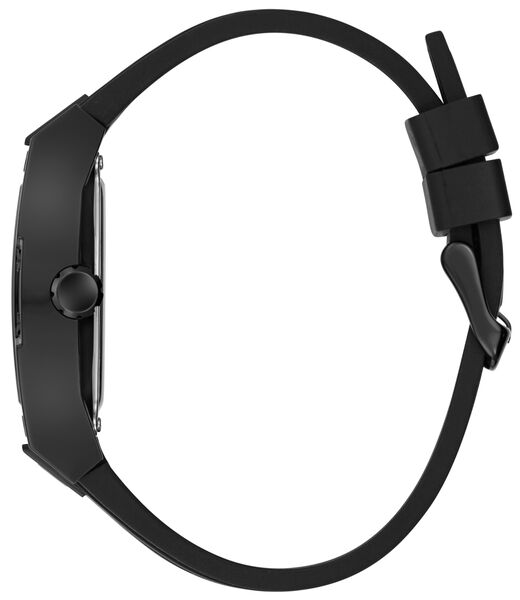 guess blk cs transparent black mf cut thru dial w snake detail blk silicone strp w red stitch