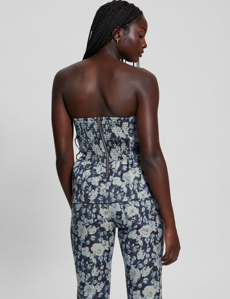 Floral jacquard denim bustier top