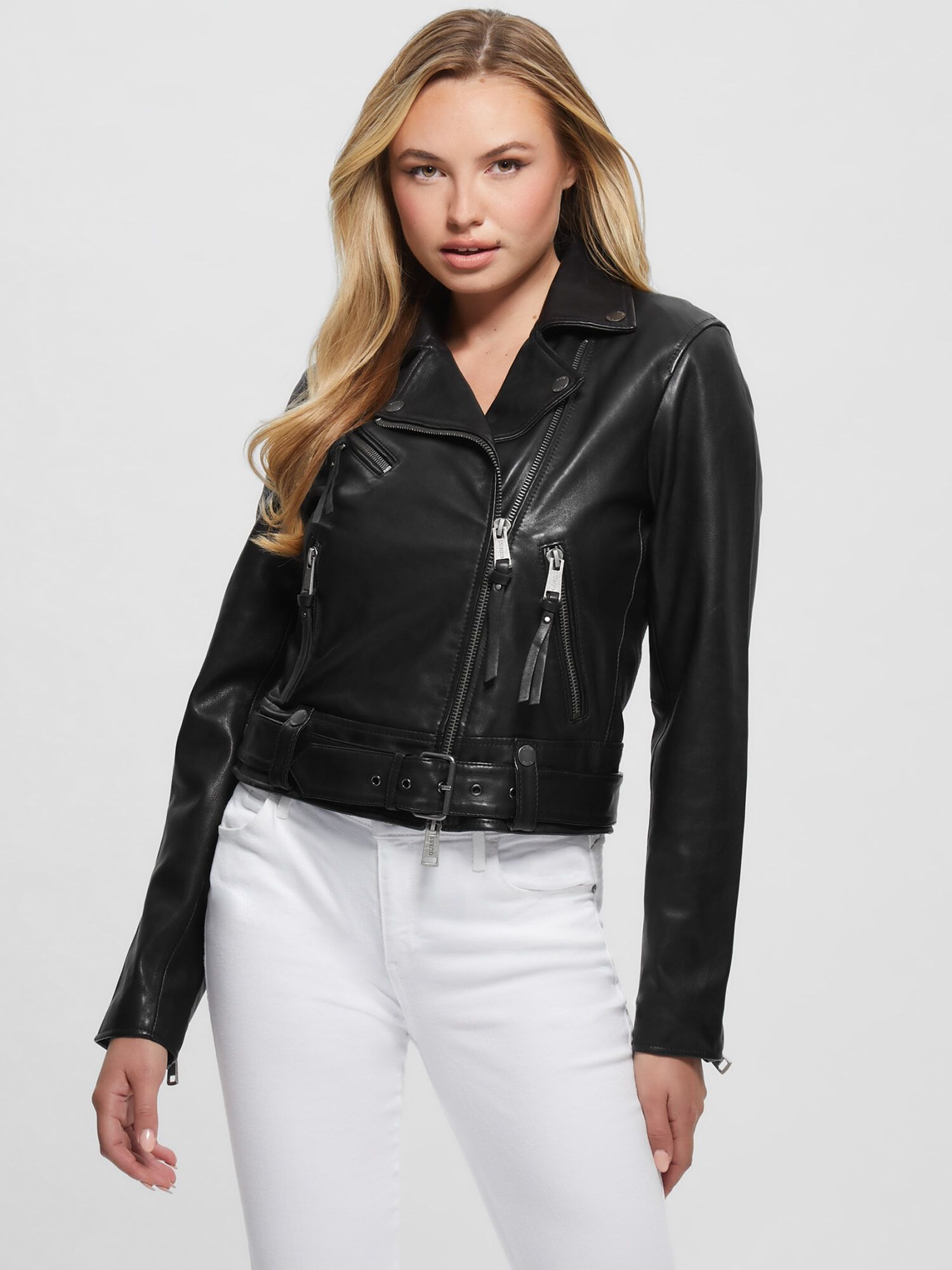 Shop GUESS Online Real Leather Biker Jacket