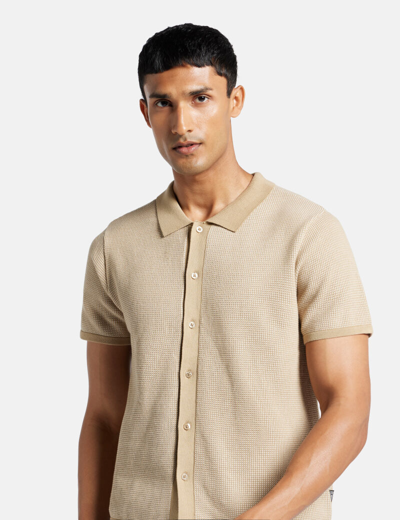 Textured button-through polo shirt