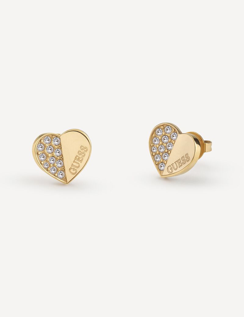 Guess Lovely Pave Heart Charm Gold Studs