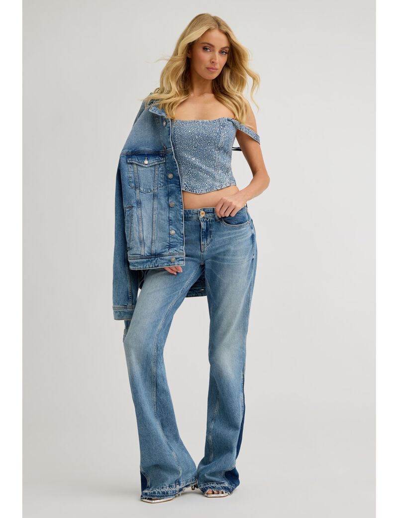 جيس rhinestones denim corset