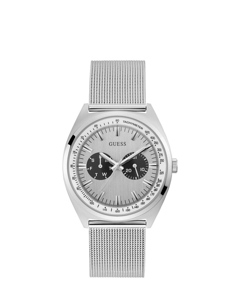 ساعة يد فضية اللون ذات سوار شبكي