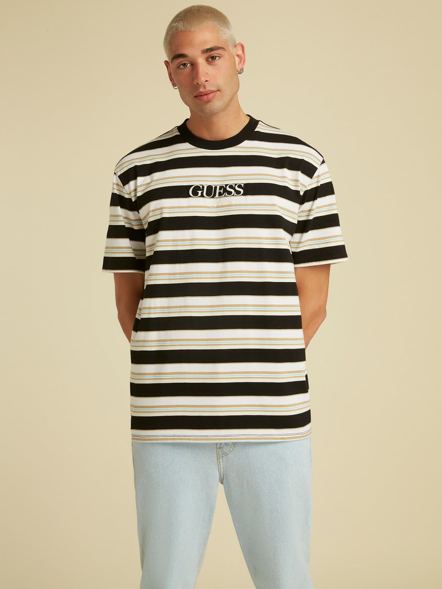 Guess stripe motif t shirt new arrivals