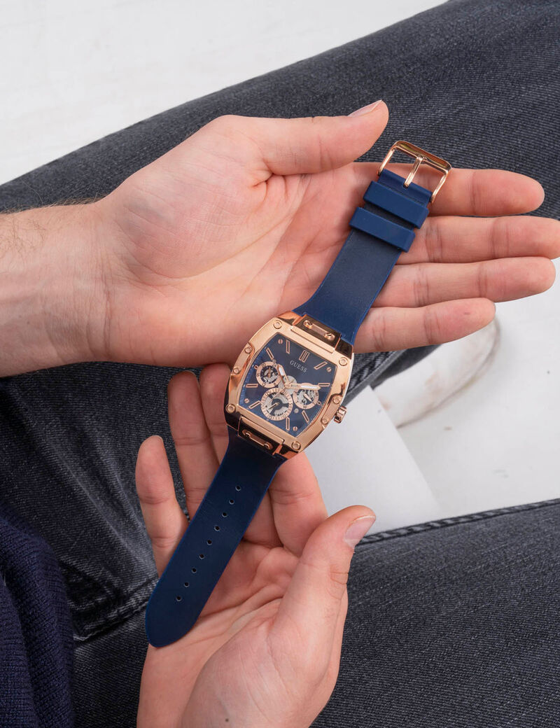 Rose Gold And Blue Rectangular Watch