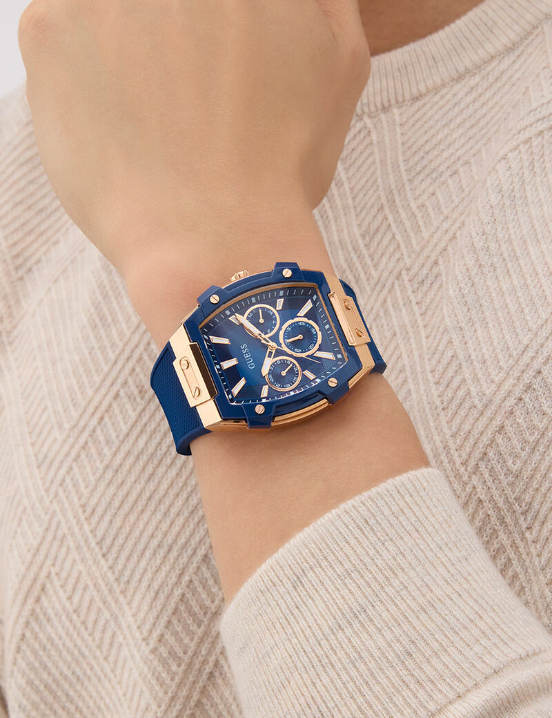 guess mens blue rose gold tone multi function watch