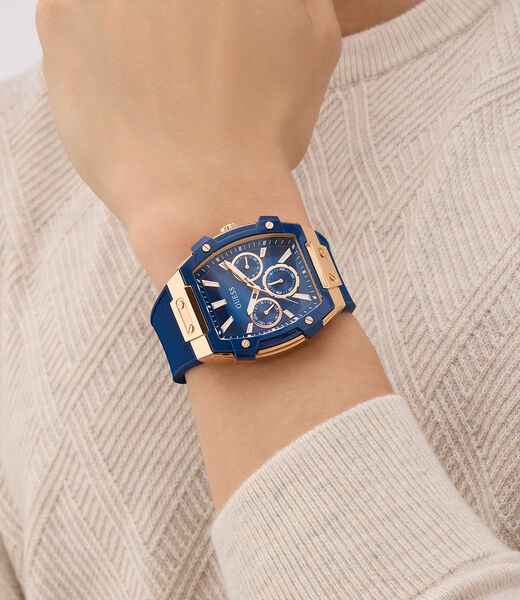 Mens Blue Rose Gold Tone Multi-function Watch