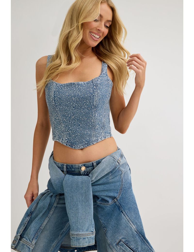 جيس rhinestones denim corset