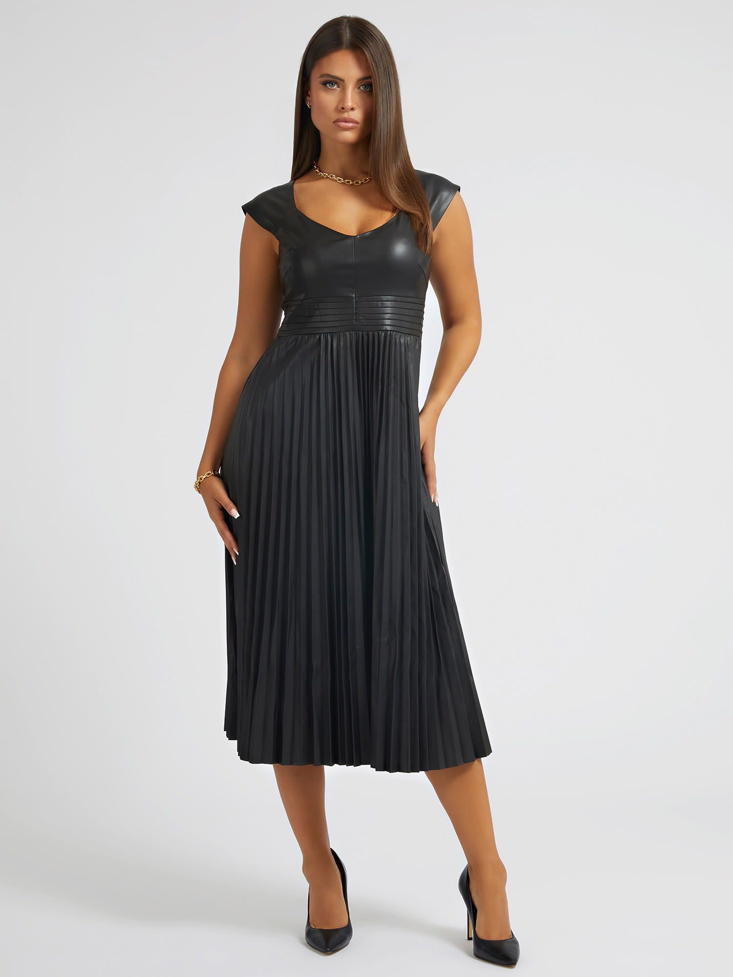 Shop GUESS Online Faux Leather Pleated Dress