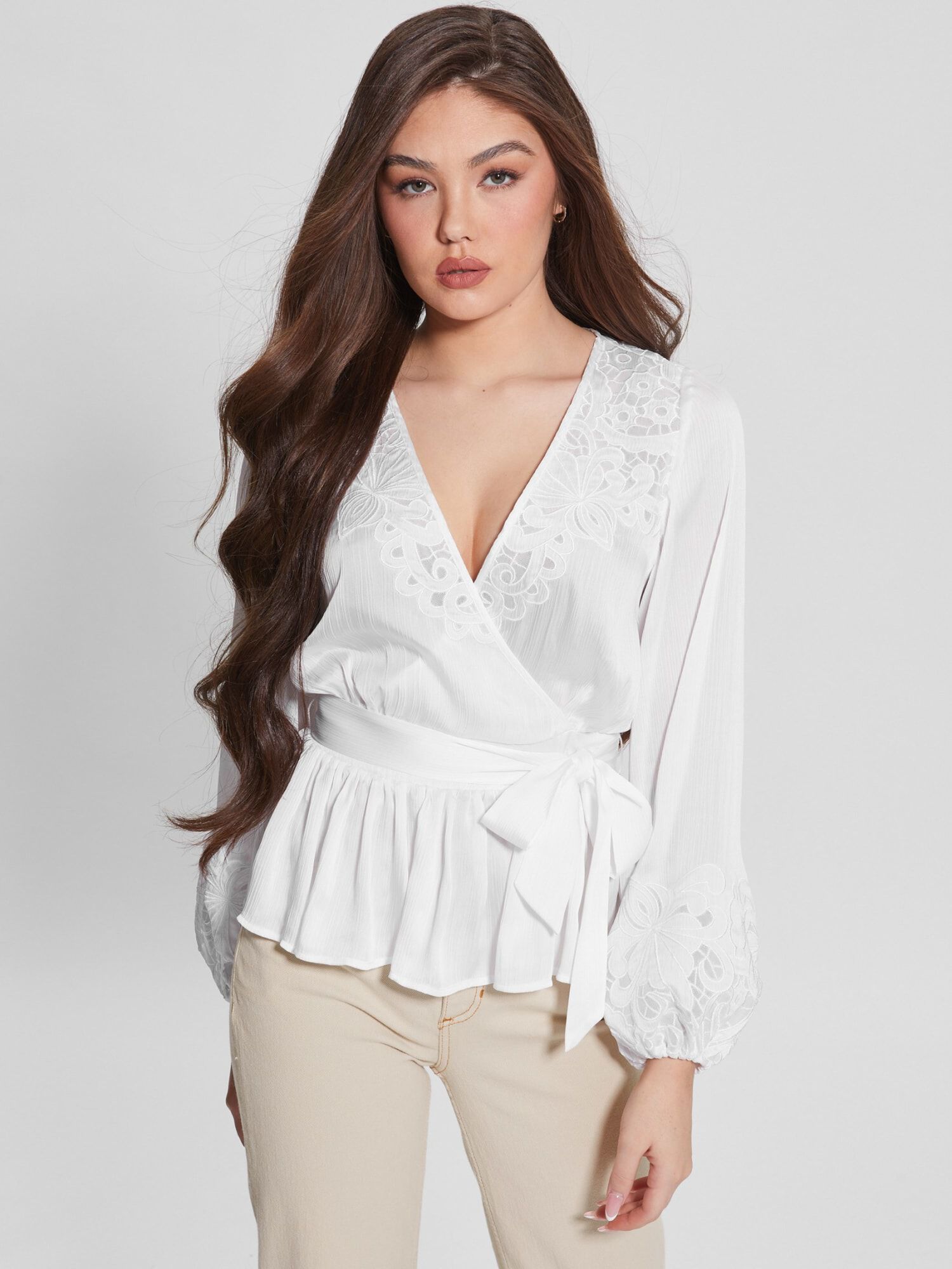 White wrap peplum sales top