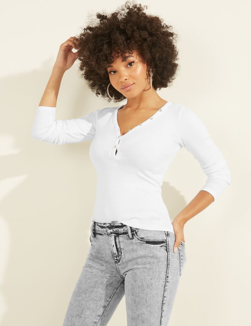 Es Long Sleeve V Neck Logo Henley Tee