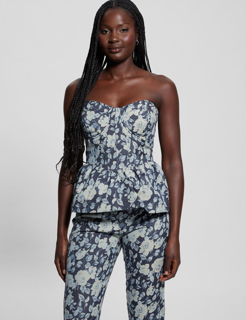 Floral jacquard denim bustier top