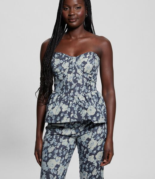 Floral jacquard denim bustier top