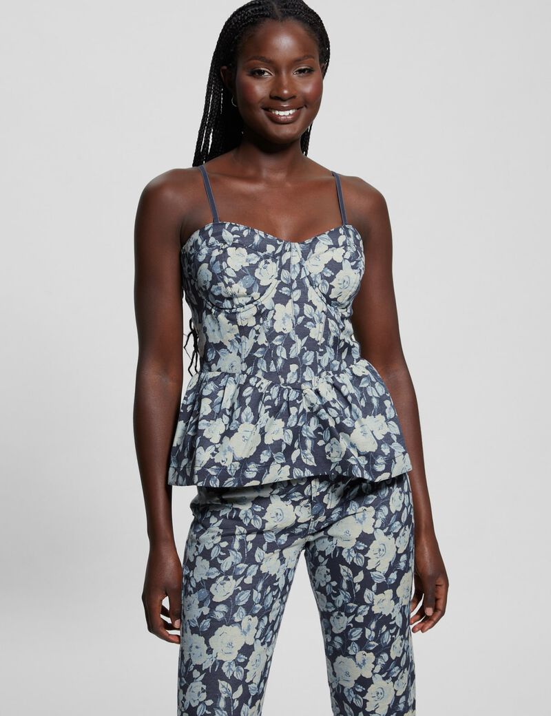 Floral jacquard denim bustier top