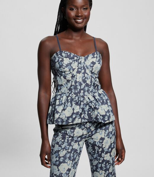 Floral jacquard denim bustier top
