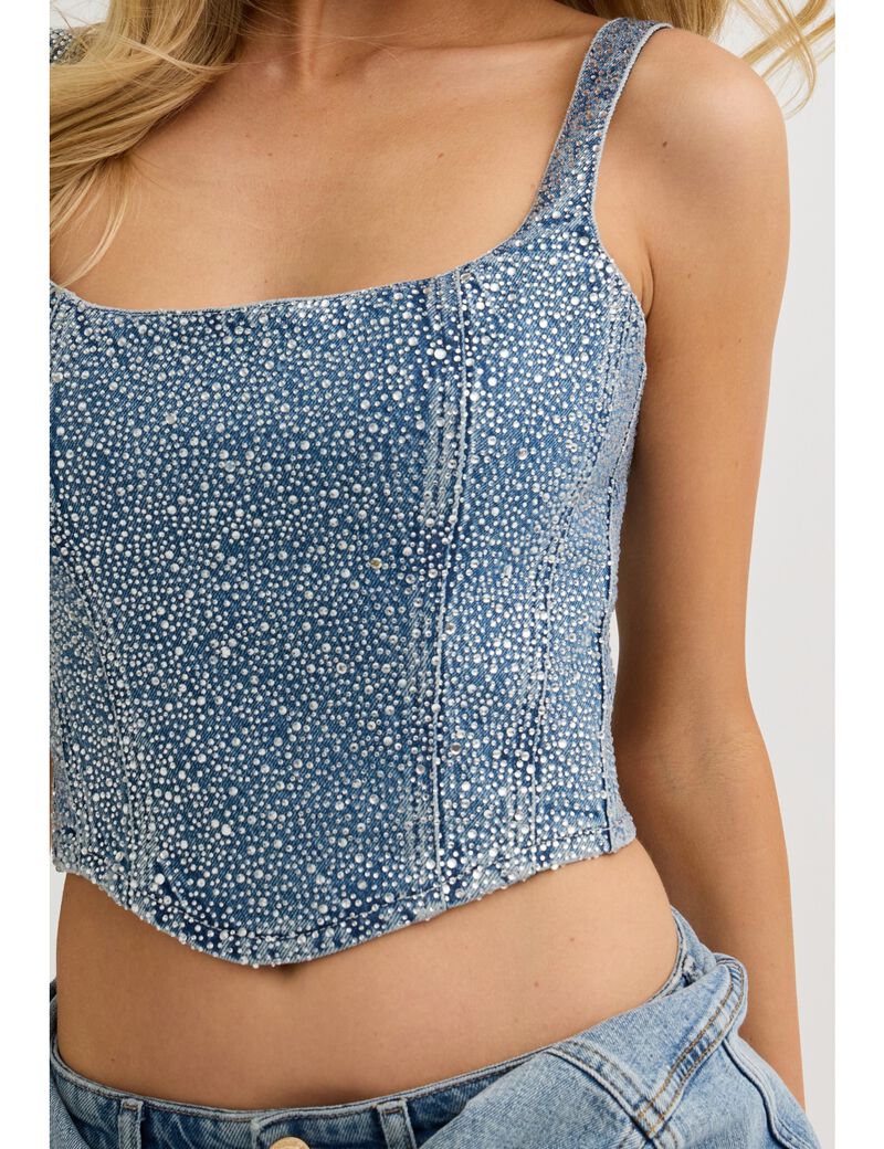 جيس rhinestones denim corset