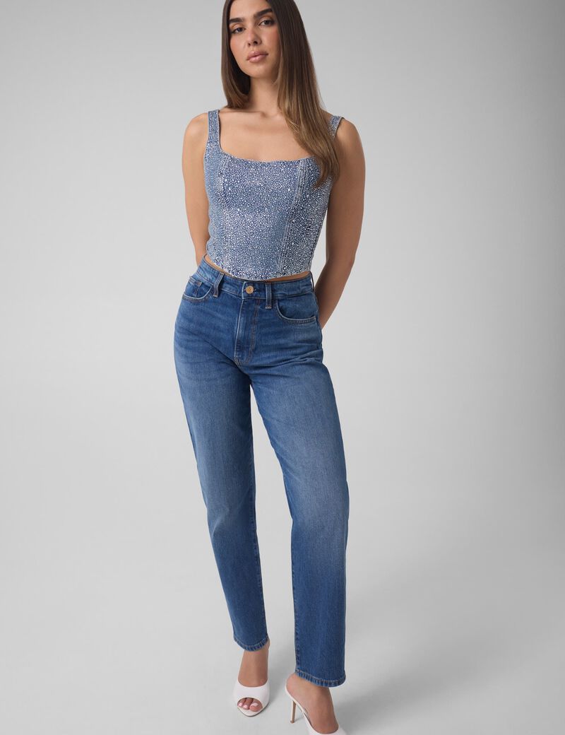 جيس rhinestones denim corset