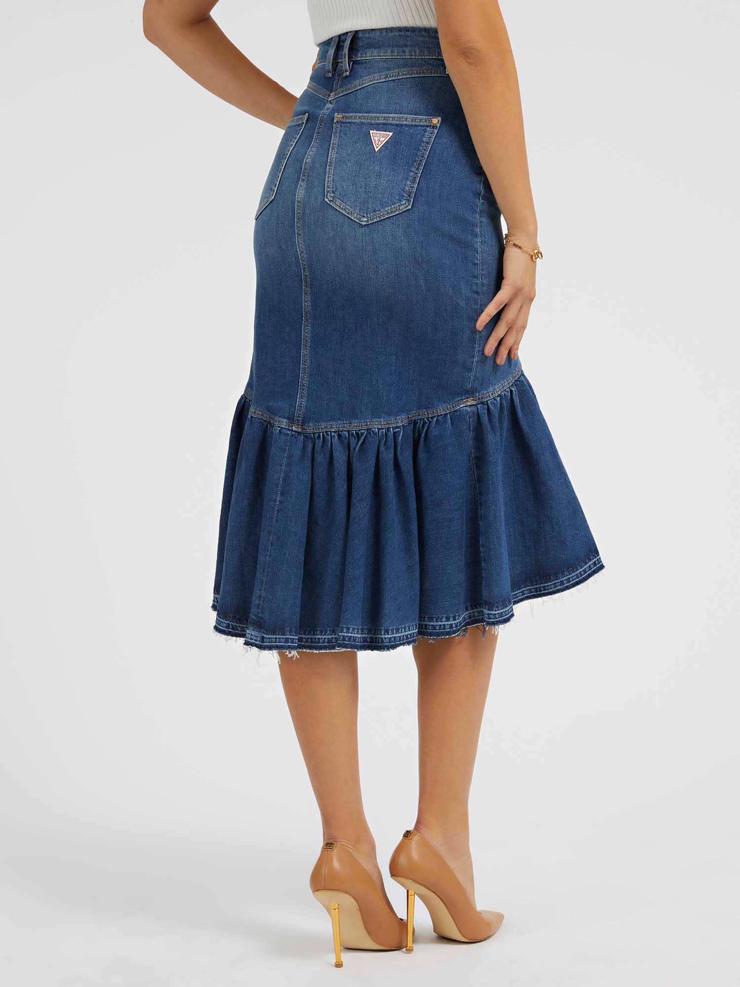 Shop GUESS Online Ruffled Denim Skirt