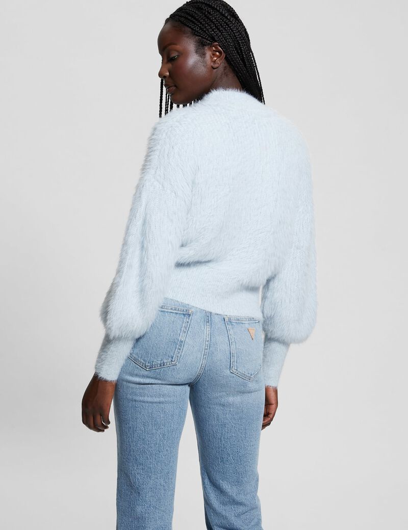 Crew neck fuzzy yarn sweater