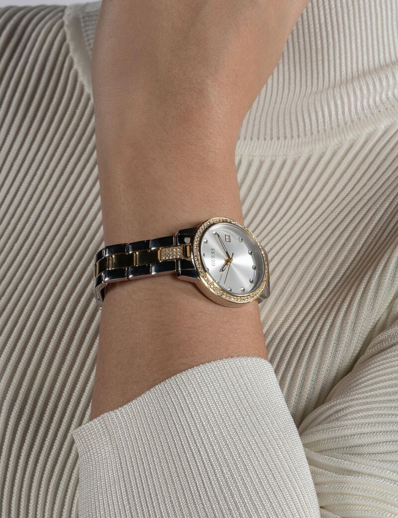 guess analogue watch with crystal appliqu  detailing