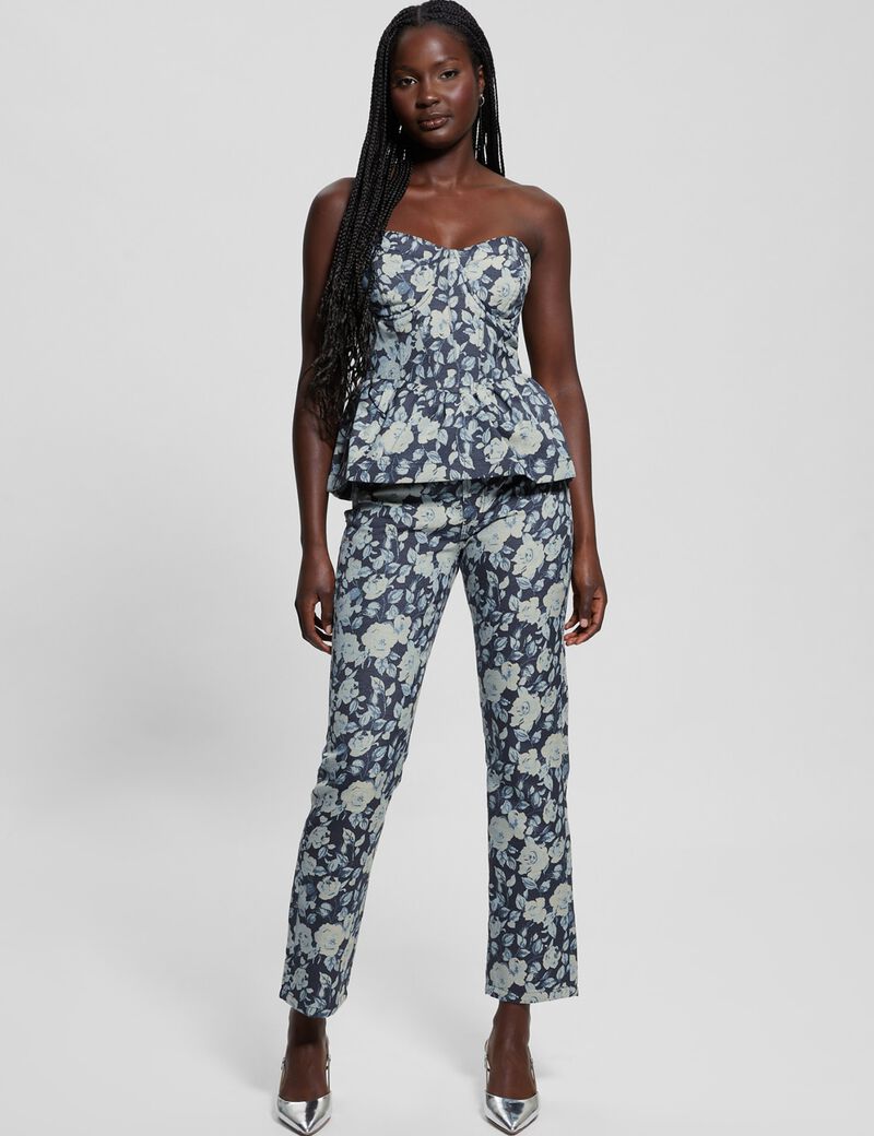 Floral jacquard denim bustier top