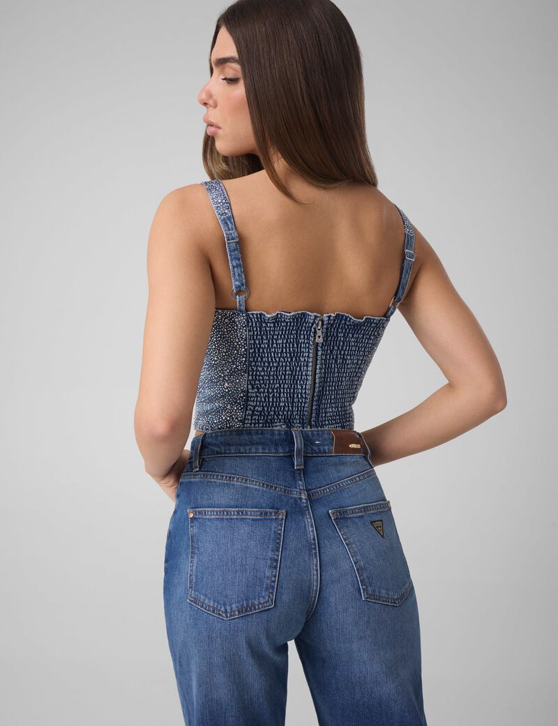 جيس rhinestones denim corset