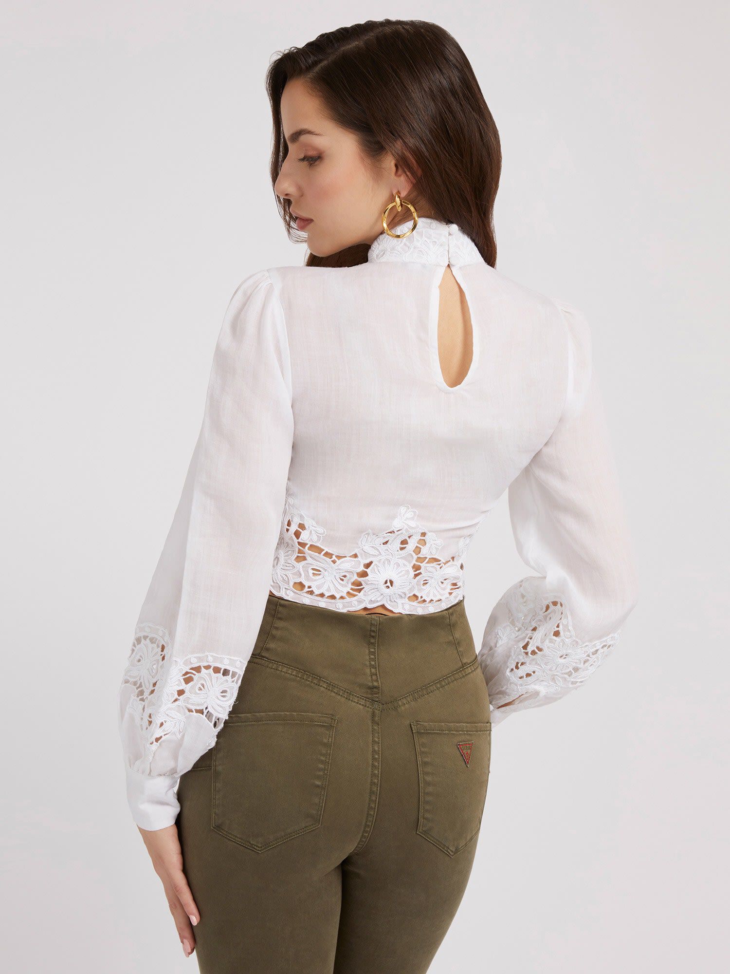 Guess Women's Opal Ruched Pullover Blouse - V-Neck Long Sleeve Top With Knot Detail