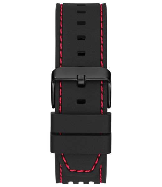 guess blk cs transparent black mf cut thru dial w snake detail blk silicone strp w red stitch