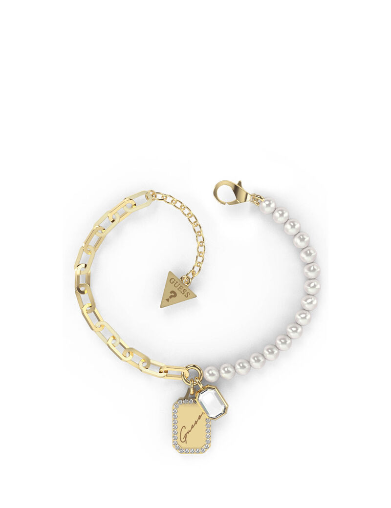 Gold And Pearl Logo Tag And Crystal Charm Bracelet