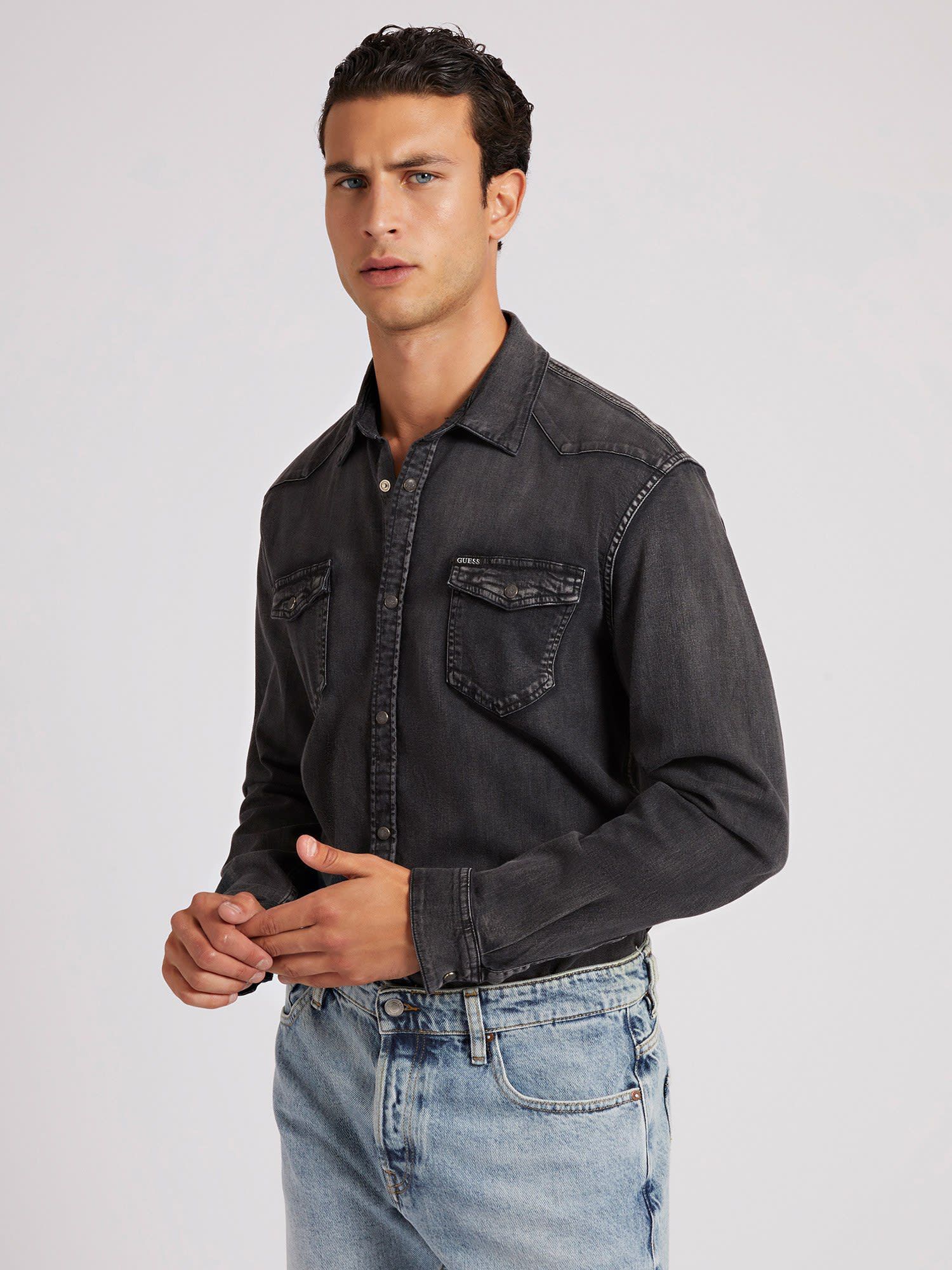Guess denim shirt mens hot sale