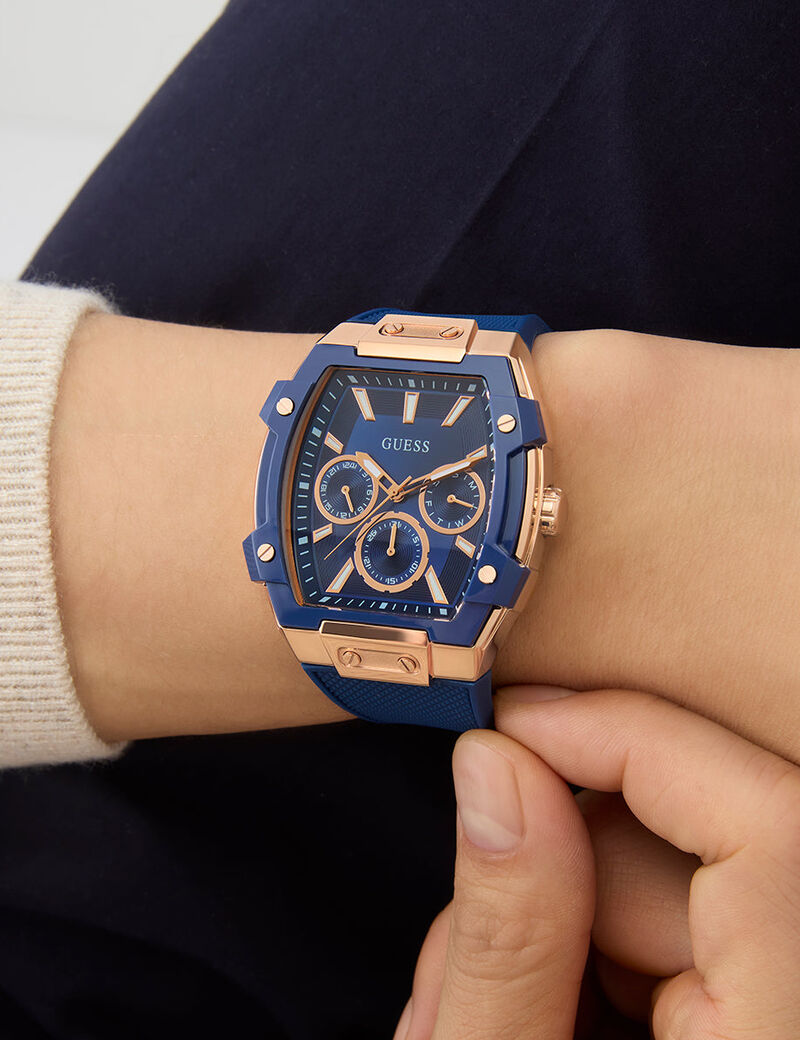 guess mens blue rose gold tone multi function watch