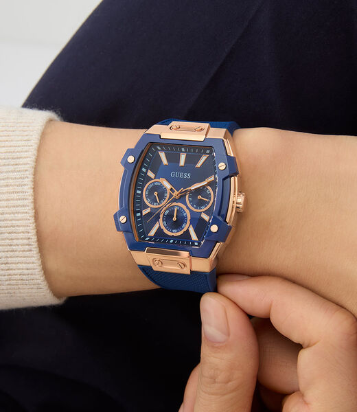 Mens Blue Rose Gold Tone Multi-function Watch