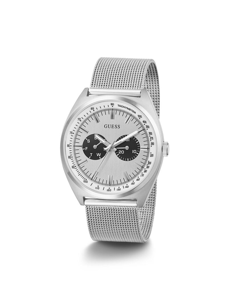 ساعة يد فضية اللون ذات سوار شبكي