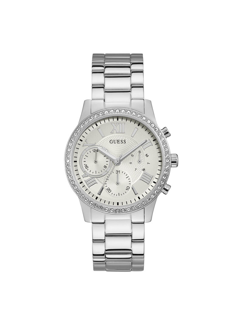 ساعة يد كرونوغراف باللون الفضي مرصعة بالكريستال