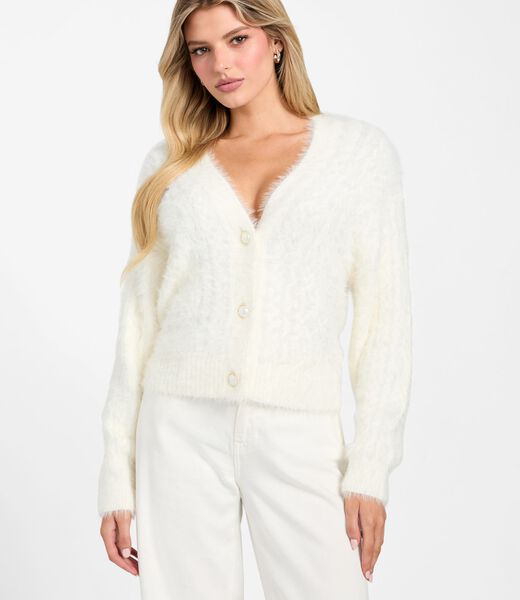 Fuzzy cable-knit cardigan