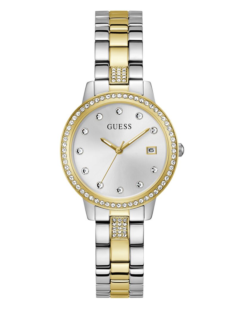guess analogue watch with crystal appliqu  detailing