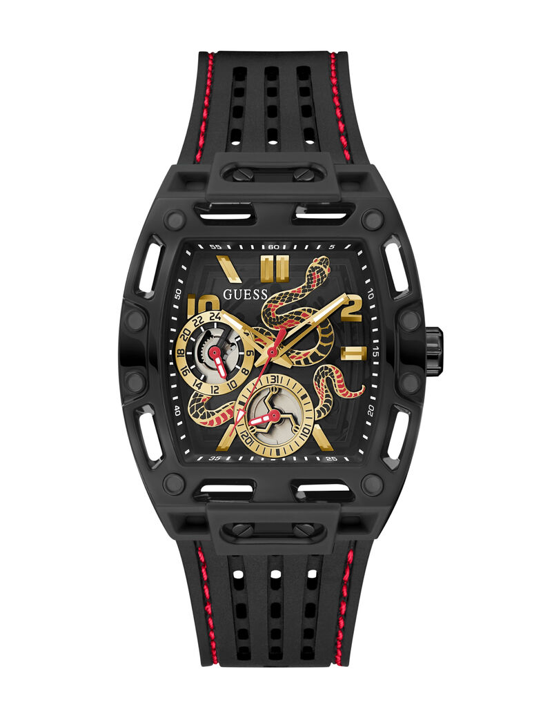 جيس blk cs transparent black mf cut thru dial w snake detail blk silicone strp w red stitch